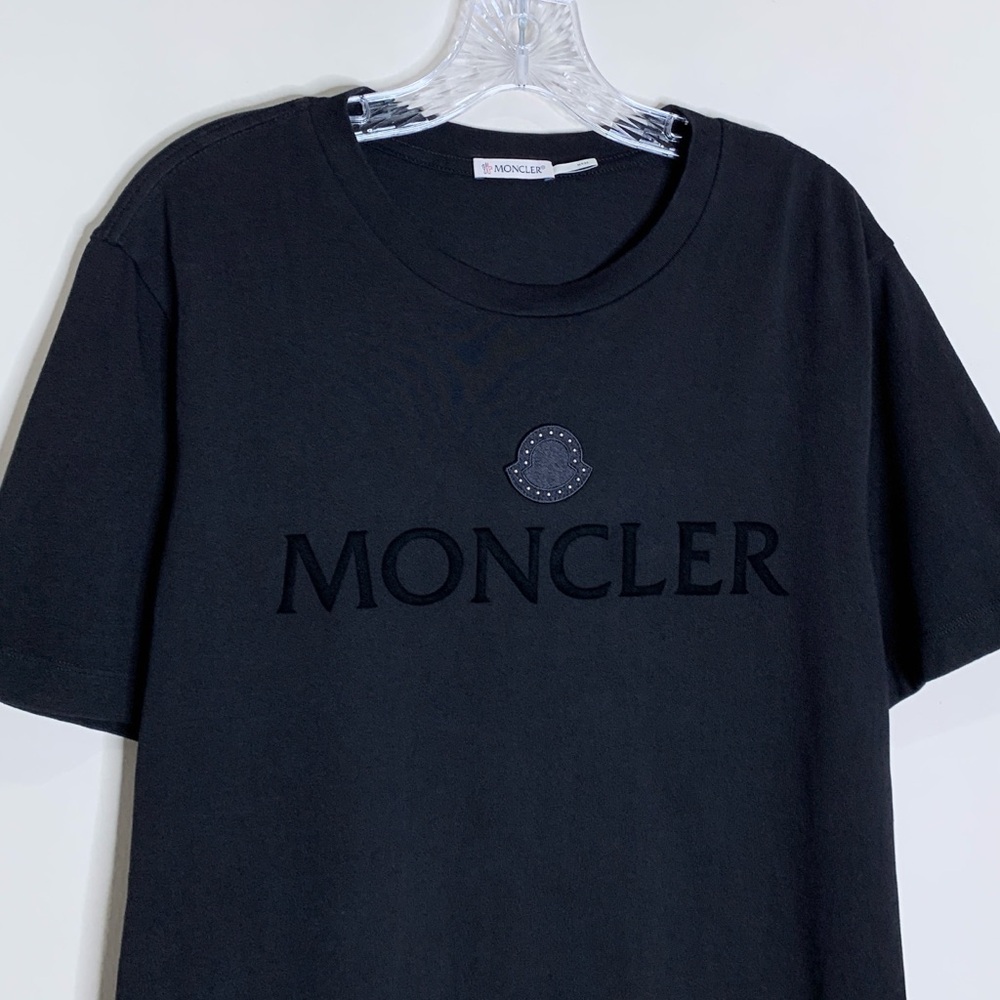 Moncler Flocked Studded Logo T-Shirt (Sz L) Short Sleeve Crewneck Tee Black - Picture 5 of 16